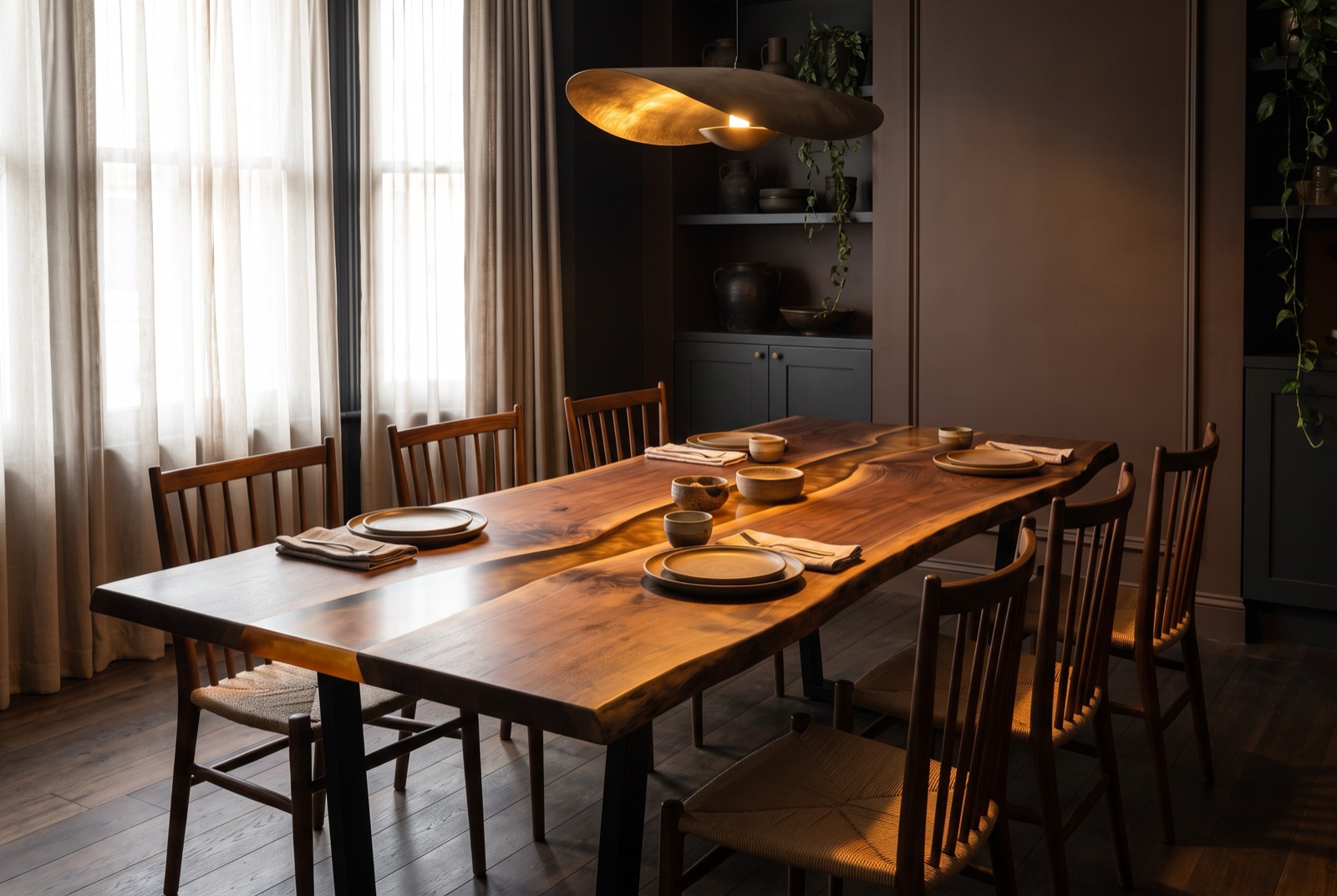 Tavolo in noce e resina in una sala da pranzo